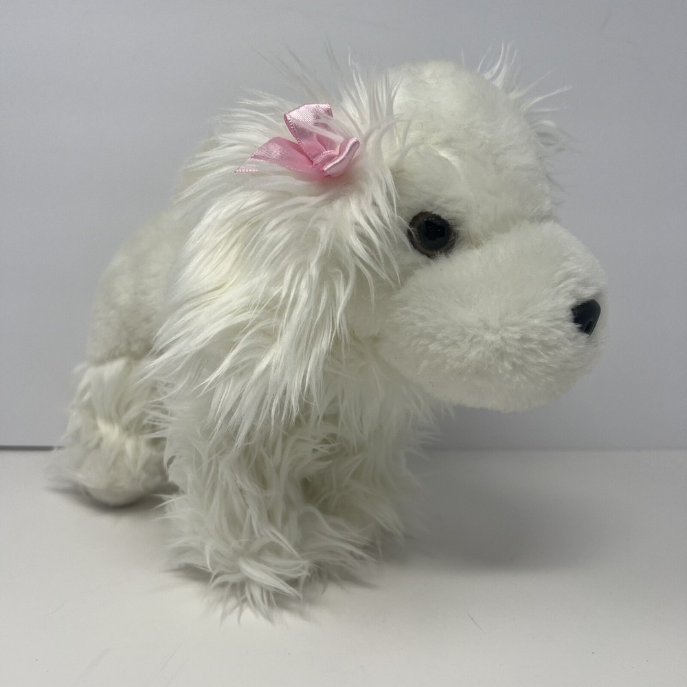 Maltese Llasa Yorkie Dog Plush White Puppy Fluffy Hair With Pink Bow Pet